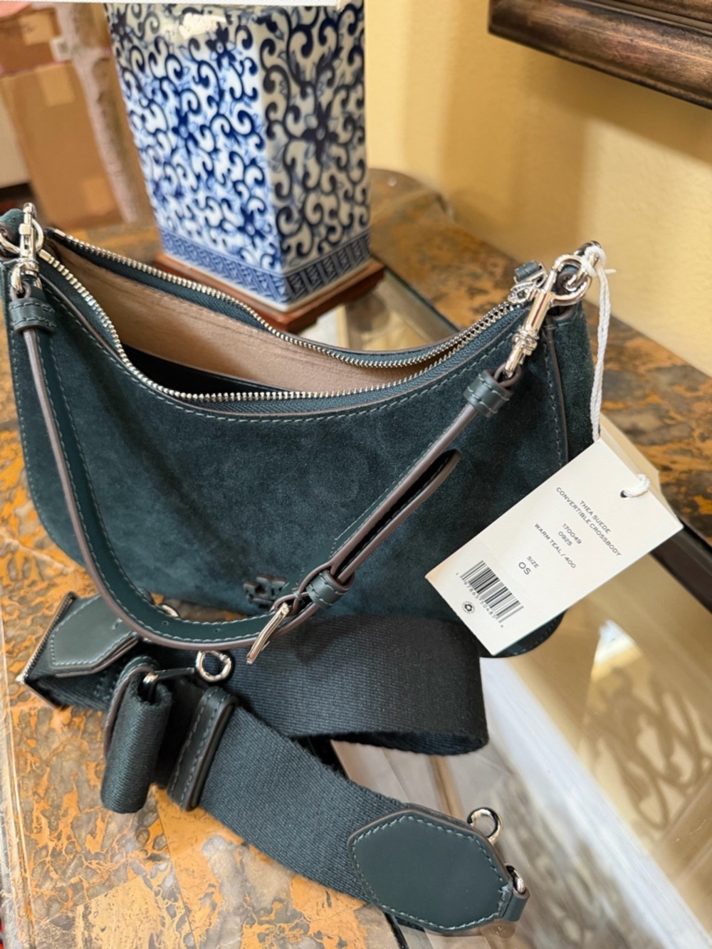 Tory Burch Dark Teal Suede Leather Hobo Small Shoulder Bag - Picture 8 of 8